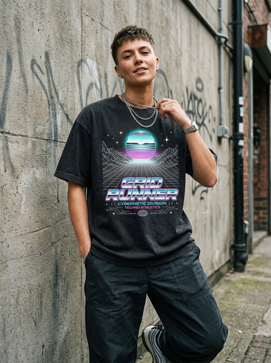 T-Shirt Oversize Grid Runner – getragen