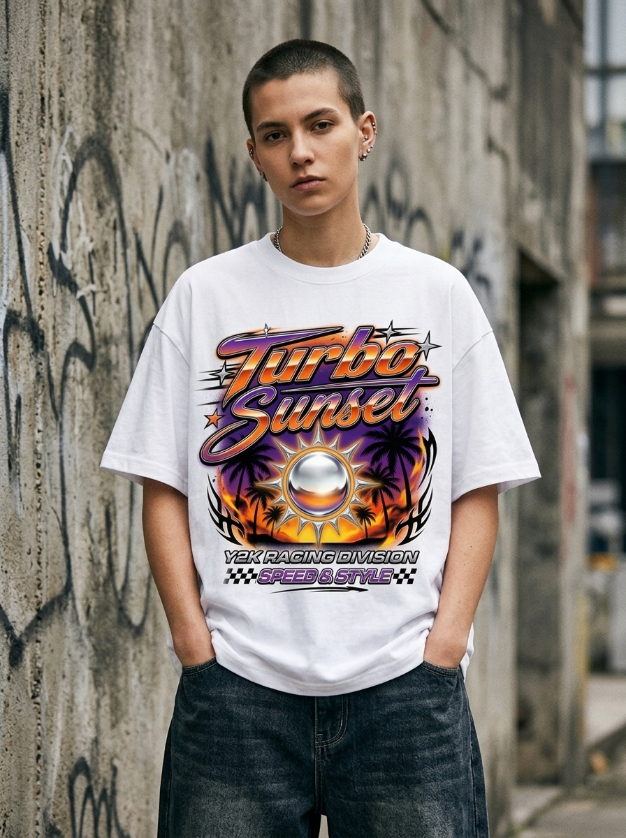 T-Shirt Oversize Turbo Sunset – getragen